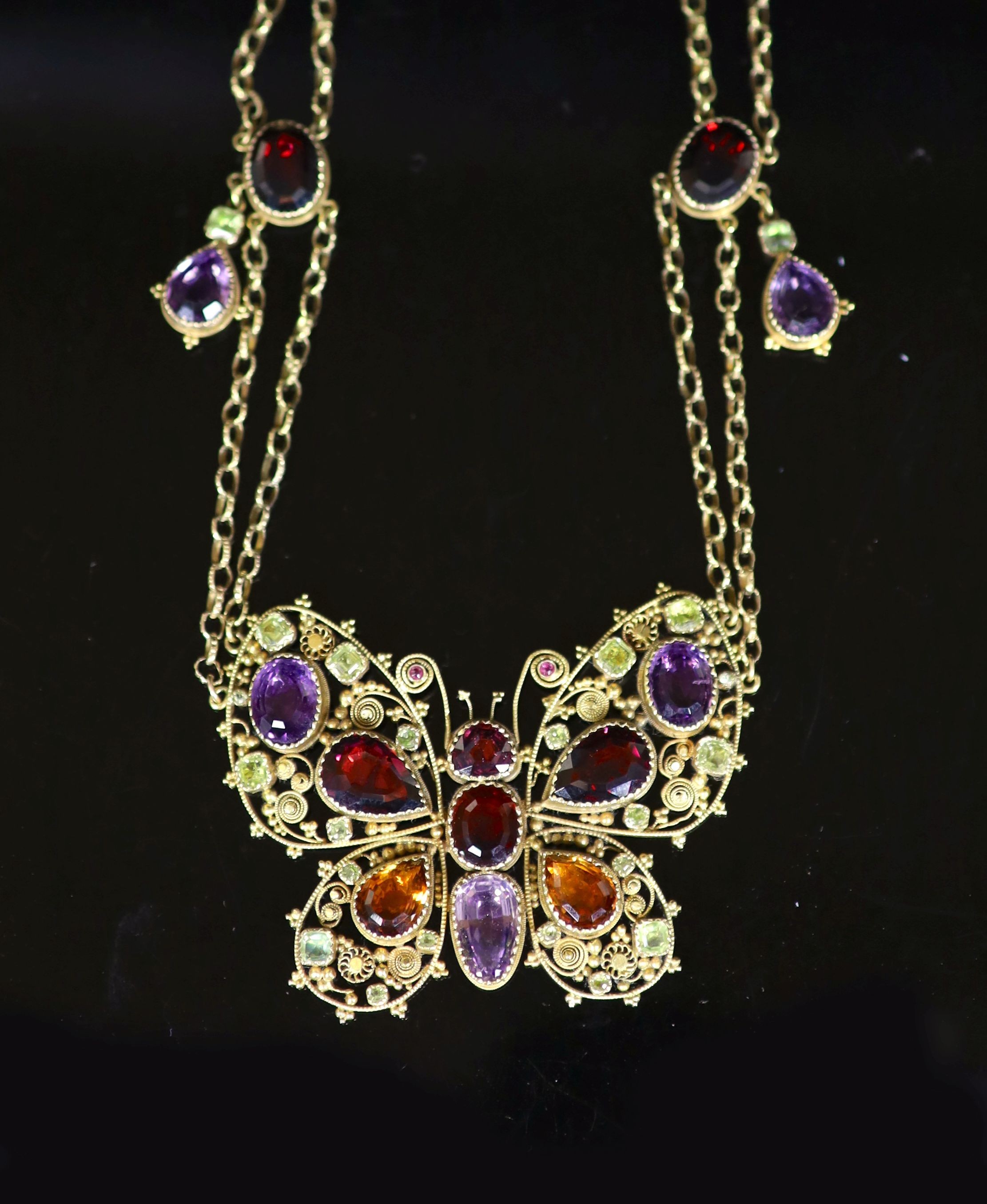 A 19th century gold and multi gem set twin strand necklace, with pendant modelled as a butterfly